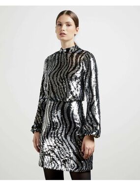 Ted Baker LOUU Black Silver Zebra Long Sleeve Sequin Mini Dress Size 1 (US 4)